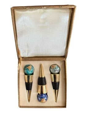 VTG Gemstone Semi Precious Stone Globe Wine Stoppers Set of 3 Boxed Gold & Blue